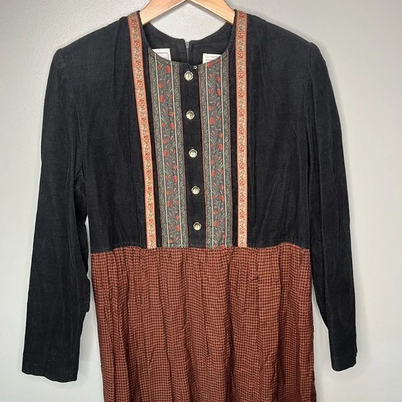 Karin Steven’s x Vintage 90’s Corduroy Harvest Plaid Check Prairie Dress - Picture 4 of 10